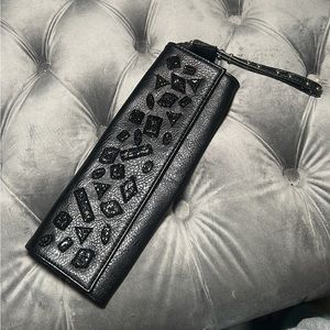 Handmade Clutch wristlet with black sparkly embellished shapes